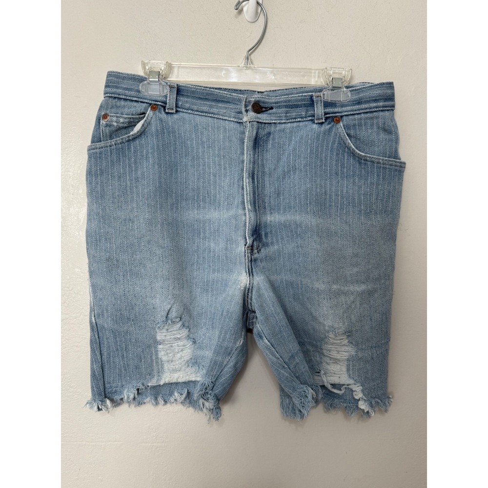 Vintage Levis‎ Pinstripe Denim Shorts Light Wash Distressed Cut Off White Tab 18